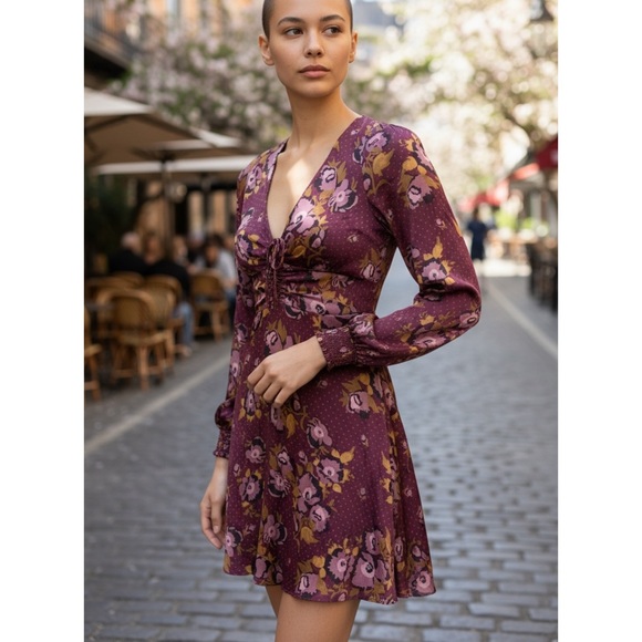 Free People burgundy Morning Light floral fit & flare long sleeve mini dress 10 - Picture 12 of 12